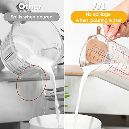 77L Glass Measuring Cup with Handle, [Double-Sided Measuring Scale, V-Shaped Spout, Insulated handle], High Borosilicate Glass Measuring Cup with Three Scales (OZ, Cup, ML) for Liquid (4 Cup) - size: 4 Cup (1000 ml)