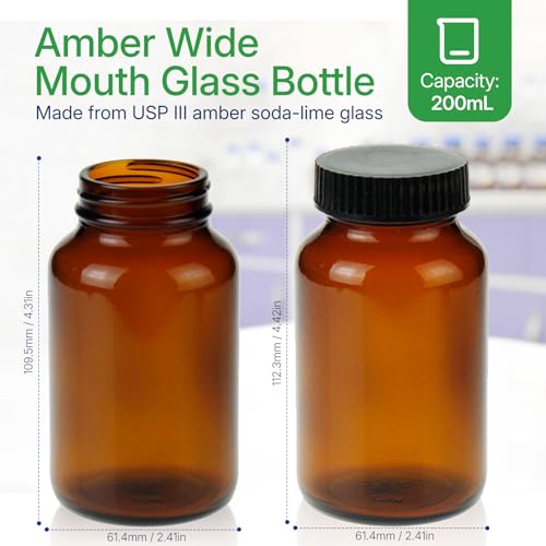 200 ml(6.7 OZ) Amber Glass Wide Mouth Packer Bottle with Black Ribbed Cap, UV Light Resistant Jars for Pills, Capsules, Essential Oils, DIY Salves - Airtight Storage Container，Pack of 24 bottle - size: 6.7 OZ