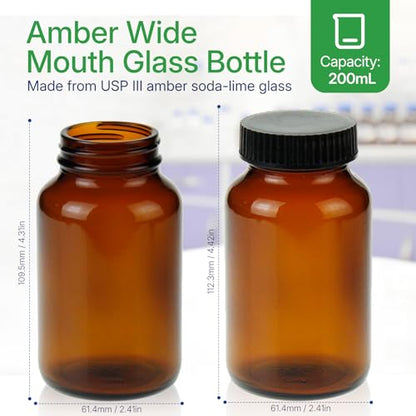 200 ml(6.7 OZ) Amber Glass Wide Mouth Packer Bottle with Black Ribbed Cap, UV Light Resistant Jars for Pills, Capsules, Essential Oils, DIY Salves - Airtight Storage Container，Pack of 24 bottle - size: 6.7 OZ