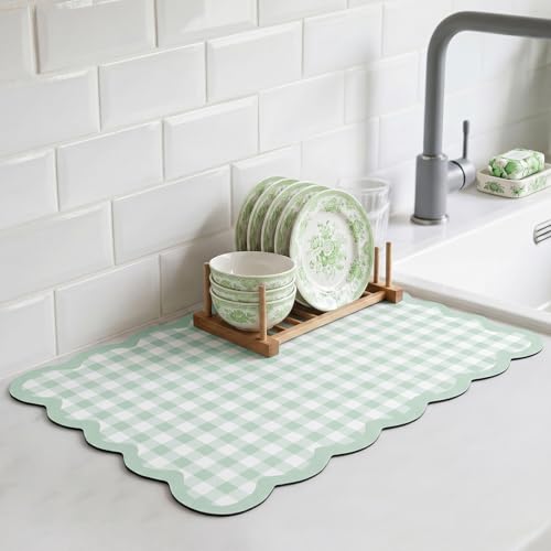 Scalloped Gingham Coffee Mat 12" x 20" Absorbent Coffee Bar Mat Gingham Espresso Matt for Counter(Green) - color: Green