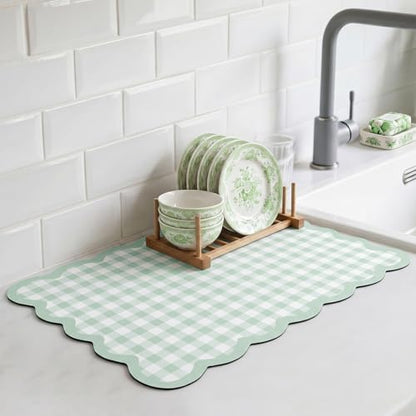 Scalloped Gingham Coffee Mat 12" x 20" Absorbent Coffee Bar Mat Gingham Espresso Matt for Counter(Green) - color: Green