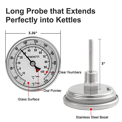 Stainless Steel Kettle Thermometer for Home Brewing, 1/2 NPT with Lock Nut & O-Ring (3" Face)