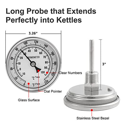Stainless Steel Kettle Thermometer for Home Brewing, 1/2 NPT with Lock Nut & O-Ring (3" Face)