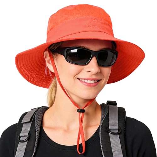 Sun Hats for Men Women Fishing Hat UPF 50+ Breathable Wide Brim Summer UV Protection Hat - color: Orange
