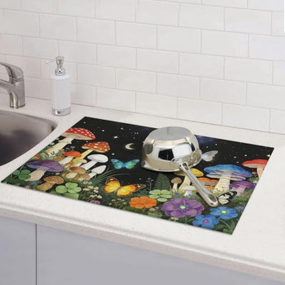 Mushroom Dish Drying Mat, for Kitchen Counter Microfiber Absorbent, Aesthetics Dish Draining Mat Extra Large 18"x24" - color: Mushroom