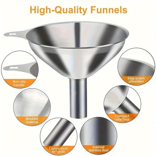 Metal Stainless Steel Funnel, Large Medium Small Funnel Set of 3, Food Grade Mini Funnels for Kitchen Use Filling Bottles Flask Cooking, 1 Brushes