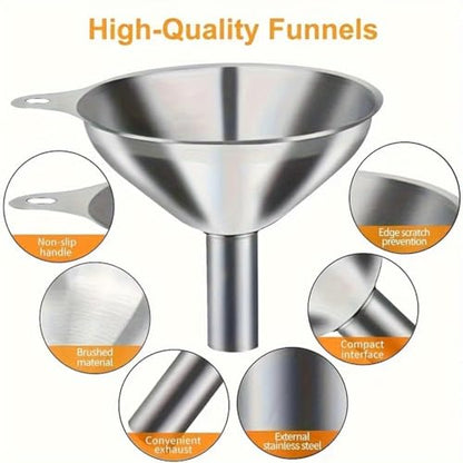 Metal Stainless Steel Funnel, Large Medium Small Funnel Set of 3, Food Grade Mini Funnels for Kitchen Use Filling Bottles Flask Cooking, 1 Brushes