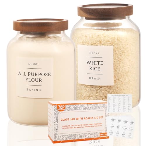 2 Pack Glass Food Storage Containers with Airtight Acacia Wood Lids and 132 Kitchen Pantey Labels Preprint - 43 LF OZ Borosilicate Glass Canister Sets for Food,Coffee,Cookie,Tea,Candy,Sugar - size: 45oz-2 Pack