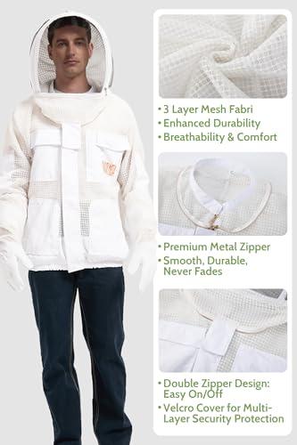 Sting Proof Bee & Beekeeping Jacket, 3-Layer Vented 2 Veils & Gloves,M | Ultra-Breeze Ventilated Beekeeper Jacket for Men & Women, Dual Veils, Beginner to Pro, All-Day Comfort, Backyard Apiary - size: M