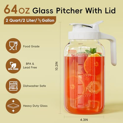 Glass Mason Jar Pitcher, 64 oz Wide Mouth Jug with Pour Spout Handle Lid for Cold Brew Coffee, Ice Beverage, Iced Juice, Lemonade, Sun Tea, Fruit Drinks Container(White) - color: White, size: 64 Ounces