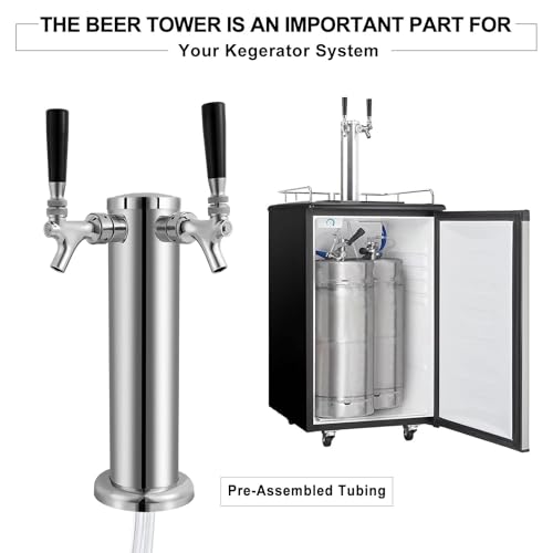 Kegerator Tower Double Tap Beer Tower Dual Faucet Beer Tower Stainless Steel 3'' Flange Beer Tower Dispenser Beer Tap Kegerator Parts with Pre-Assembled Tubing and Self-Closing Springs - size: Double Tap