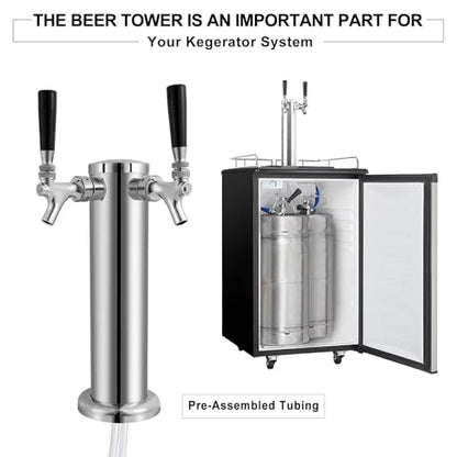 Kegerator Tower Double Tap Beer Tower Dual Faucet Beer Tower Stainless Steel 3'' Flange Beer Tower Dispenser Beer Tap Kegerator Parts with Pre-Assembled Tubing and Self-Closing Springs - size: Double Tap