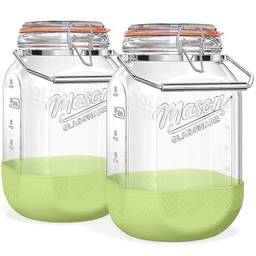 1 Gallon Glass Jar with Lid, 2 Pack Wide Mouth Mason Jars with Airtight Seal, Heavy Duty Glass Storage Container with Handle & Protective Base, Glass Jar for Sun Tea, Pickling, Flour Sugar, Kombucha - size: Large