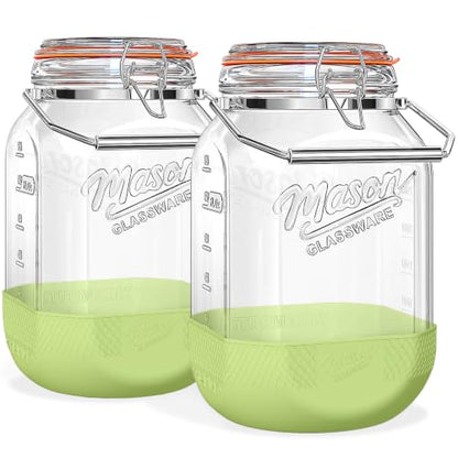 1 Gallon Glass Jar with Lid, 2 Pack Wide Mouth Mason Jars with Airtight Seal, Heavy Duty Glass Storage Container with Handle & Protective Base, Glass Jar for Sun Tea, Pickling, Flour Sugar, Kombucha - size: Large