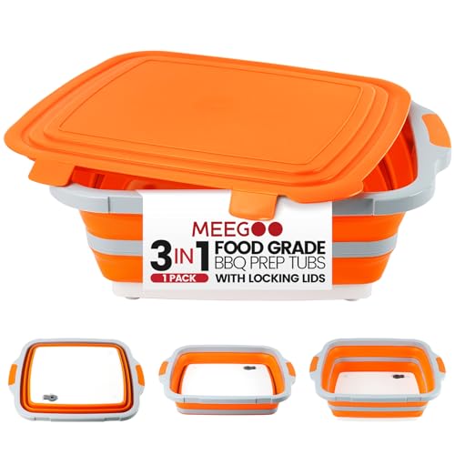 BBQ Prep Tub 3-IN-1 Large 16L Collapsible Cutting Board with Locking Lid for Meal Prep Marinating Food, Camping Sink with Colander, Dish Basin, Storage Blanket for Camping Picnic BBQ, Orange - color: Orange 16L