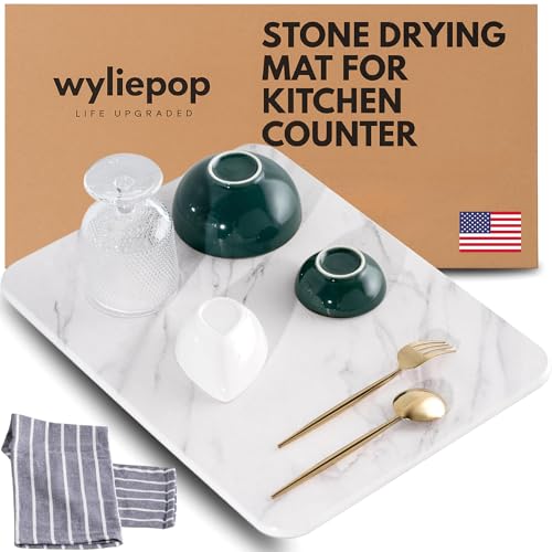 Stone Drying Mat for Kitchen Counter – Diatomaceous Earth Dish Drying Stone (White Marble) – Modern Countertop Drying Rack – Water Absorbent, Heat Resistant, Non-Slip Kitchen Mat with Towel (16"x12")