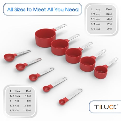 TILUCK Measuring Cups & Spoons Set, Stackable Cups and Spoons, Nesting Measure Cups with Stainless Steel Handle, Kitchen Gadgets for Cooking & Baking (Red) - color: Red