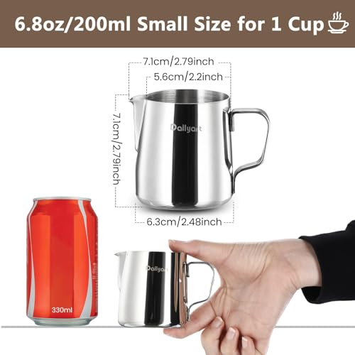 Milk Frothing Pitcher, Dailyart 6.8oz/200ml Milk Frother Cup 304 Stainless Steel Steaming Pitcher With Internal Scale, Espresso Accessories, Frother Pitchers For Espresso Machine Cappuccino Latte Art - size: 6.8 Ounces