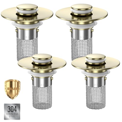 Bathroom Sink Drain Strainer,(4PCS) Pop-up Sink Drain Strainer with Removable Stainless Steel Strainer Basket Hair Catcher, Bathroom Sink Strainer for Bathroom Sink Stopper Replacement - color: 4, Brushed Gold