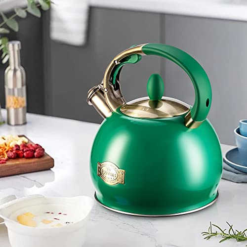 SUSTEAS Stove Top Whistling Tea Kettle - Food Grade Stainless Steel Teakettle Teapot with Cool Touch Ergonomic Handle, With 1 Silicone Pinch Mitt Included, 2.64 Quart (Green) - color: Green