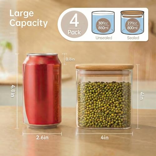 HomArtist 27oz - 4 Pack Square Glass Jars with Bamboo Lids, Glass Food Storage Containers with Airtight Lids for Kitchen, Air Tight Pantry Storage Containers - color: 27oz 4 Pack
