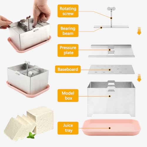 Tofu Press Stainless Steel with Tofu Presser Towel and Drip Tray for Homemade Tofu, DIY Paneer Maker Vegan Cheese Press Kitchen Tool with Adjustable Pressure
