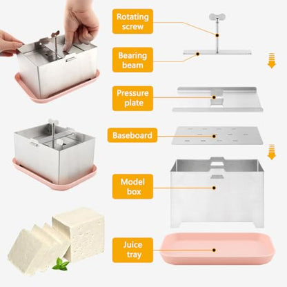 Tofu Press Stainless Steel with Tofu Presser Towel and Drip Tray for Homemade Tofu, DIY Paneer Maker Vegan Cheese Press Kitchen Tool with Adjustable Pressure