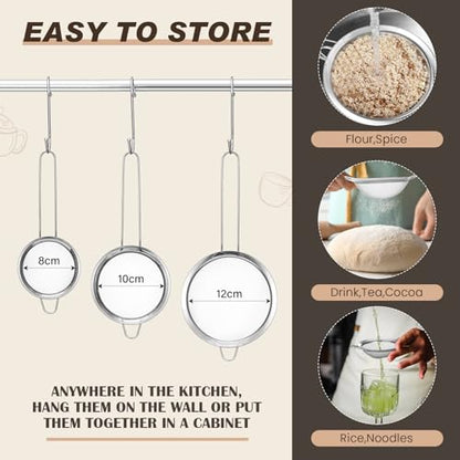 Norme 4 Quart Stainless Steel Silver Colander and 3 Pcs Silver Fine Mesh Strainer, Stainless Steel Pasta Rice Food Metal Strainer with Handles, Easy Clean and Dishwasher Safe - color: Silver, size: 4 Quart