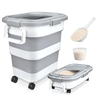 Komzon Rice Storage Container, Collapsible Airtight 10-40 Lb Rice Storage Container, 25lb Pet Dog Food Storage Container, Rice Dispenser Bin with Cup and Scoop for Flour Cereal Pasta Grain, Cat Bird - size: 10-40 Lbs