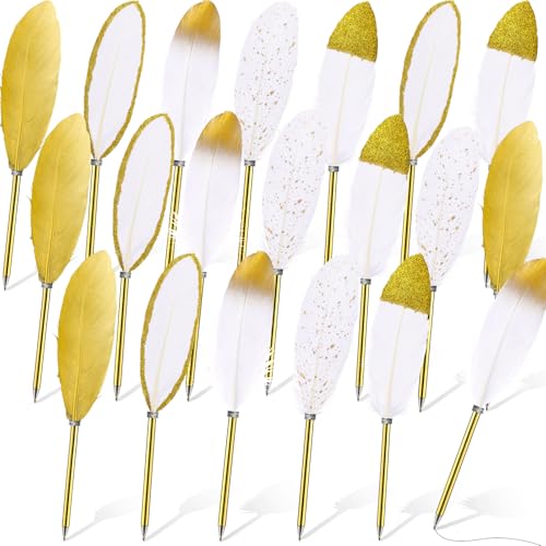 Chivao Feather Quill Ballpoint Pens Bulk 0.5mm Ink Refined Plated Rod Feathered Vintage Pens for Writing Guest Signature Office Party Favors(Gold and White,20 Pcs) - color: Gold and White