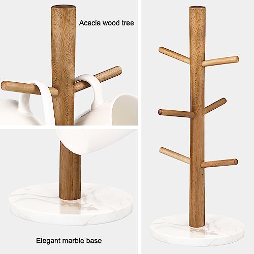 Buruis Wood Mug Holder, Marble Base Cup Rack Tree, Mug Stand Hanger, Kitchen Coffee Tree Countertop Tea Holder Stand, Coffee Cup Dryer with 6 Hooks (Round Base White) - color: Round Base White