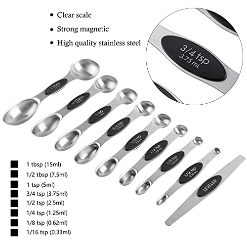 Measuring Cups and Spoons Set Stainless Steel Includes 8 Heavy Duty Measuring Cups 8 Double Sided Magnetic Measuring Spoons and 1 Leveler for Dry and Liquid Ingredients - color: black T