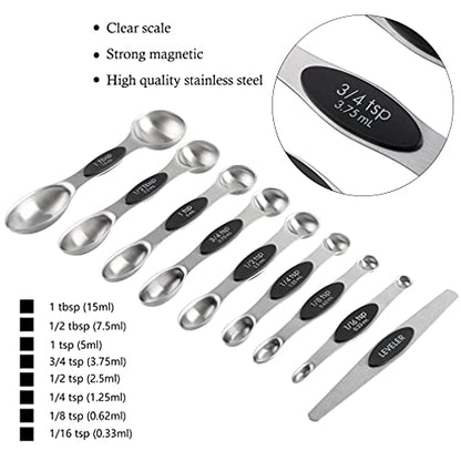 Measuring Cups and Spoons Set Stainless Steel Includes 8 Heavy Duty Measuring Cups 8 Double Sided Magnetic Measuring Spoons and 1 Leveler for Dry and Liquid Ingredients - color: black T