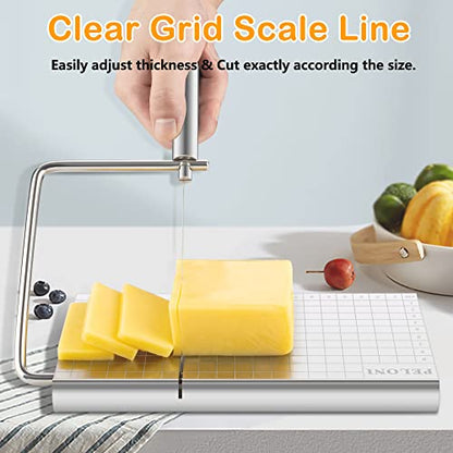 Cheese-Slicer Cheese-Cutter, Stainless-Steel-Cheese-Slicer with 5 Replacement-Wire Cheese Cutters for Block-Cheese Metal Cheese Slicers Cutting Board with Butter-Spreader Stainless Steel Knife