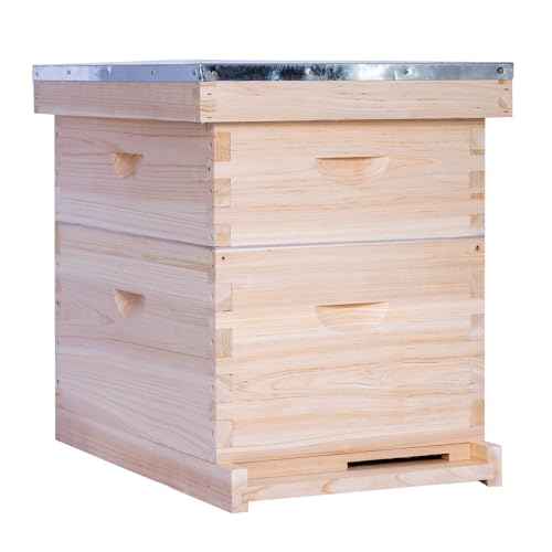 POLLIBEE 10 Frame Langstroth Beehives,Bee Keeping Starter Kit Includes 1 Deep Box & 1 Medium Box with Beehive Frames and Foundations,Complete Beehive Kit for Beekeeper - size: 1 Super+1 Deep