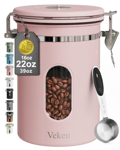 Veken Coffee Canister with Window, Airtight Stainless Steel Kitchen Food Storage Container with Lids, Date Tracker and Scoop for Ground, Beans, Tea, Flour, Cereal, Sugar Jars, 22OZ, Pink - color: Pink, size: 22 oz