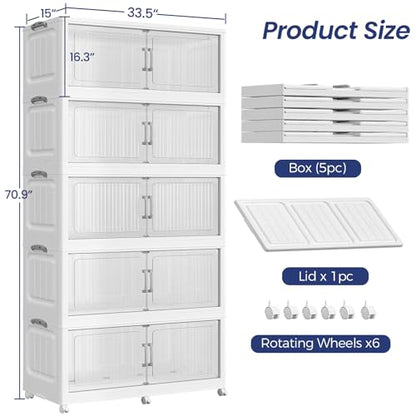Extra Large Stackable Storage Bins with Lid, 250Gal/1000QT Foldable Collapsible Storage Box with Doors, Wheels and Drawers, Plastic Closet Organizer Container for Kitchen, Bedroom, Dorm, 5Pack - size: 50Gal-5Pack