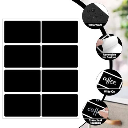 200 Chalkboard Labels, Removable Labels for Storage Bins Food Containers, Waterproof Reusable Blackboard Stickers, Label Stickers with 2 Liquid Chalk Marker for Spice Jars Pantry Mason Bottle