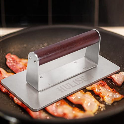 HULISEN Stainless Steel Bacon Press, 9 Inch Large Heavy Duty Burger Press with Wood Handle, Non-stick Grill Press for Griddle, Steak Weight Griddle BBQ Accessories for Panini, Sandwiches, Gift Package - size: 9 Inch Long Press