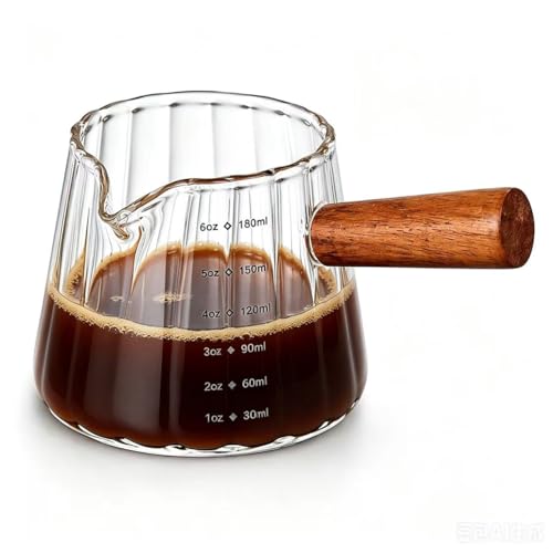 6 oz Espresso Cups - Glass Measuring Cups with Spout - Ribbed Small Creamer Pitcher- Expresso Shots Cup with Wood Handle for Coffee Milk, Dishwasher Safe (Transparent, 1 pack) - color: Transparent, size: 1 pack