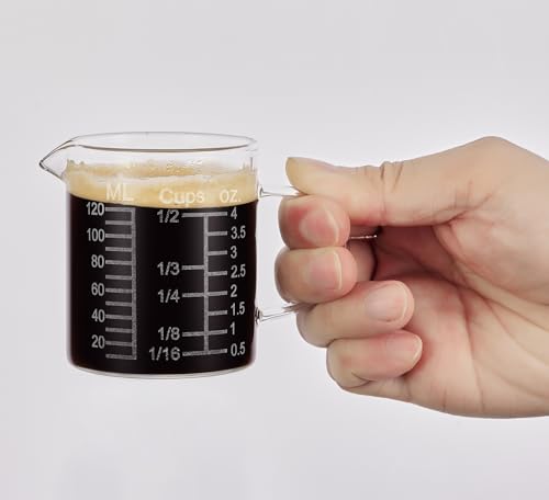 Ackers Etching Scale Measuring Glass -[Insulated handle | V-Shaped Spout]-Made of High Borosilicate Glass Measuring for Kitchen or Restaurant, Easy to Read, 120 ML (4 Oz) - size: 120 ML (4 Oz, 1/2 Cup) - Etching Scale
