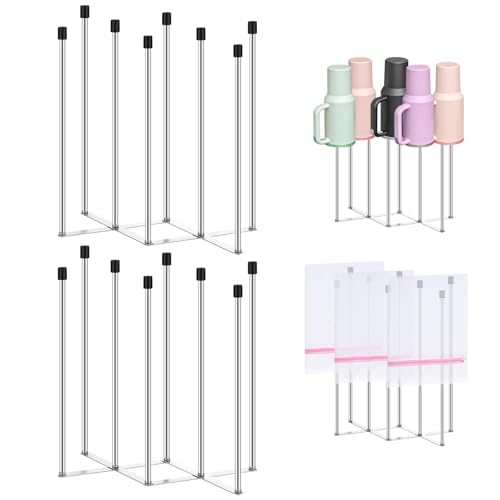 2 Pcs Foldable Bottle Drying Rack Stainless Steel Plastic Bag Drying Racks with Silicone Caps 8 Poles Space-Saving Countertop Organizer Dryer Rack for Cup Water Bottles Dish Plate Bag