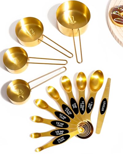 13pcs Gold Stainless Steel Measuring Cups and Spoons Set, Including 8 Double-Sided Magnetic Measuring Spoons Set & 1 Leveler, 4 Metal Measuring Cups, Kitchen Accessroies for Cooking & Baking - color: Gold