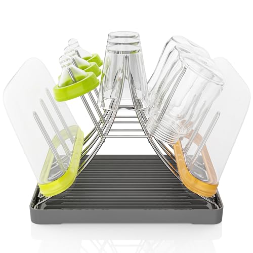 Baby Bottle Drying Rack, Space Saving Bottle Drying Tree Rack with Drainboard for Cups, Mugs and Glass, Sports Bottle, Holds Up to 15 Baby Bottles ，Foldable,Stainless Steel,