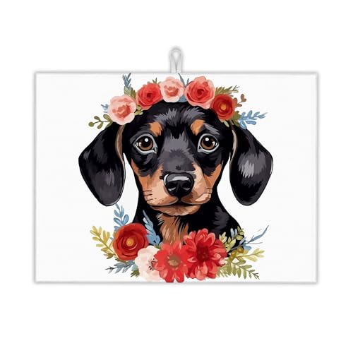 Dachshund Dog Flowers Dish Drying Rack Mat for Kitchen Counter, Dish Drying Pad Absorbent Reversible Microfiber Protector for Coffee Bar Sink Countertops 18x24 Inch - color: Dachshund Dog Flowers