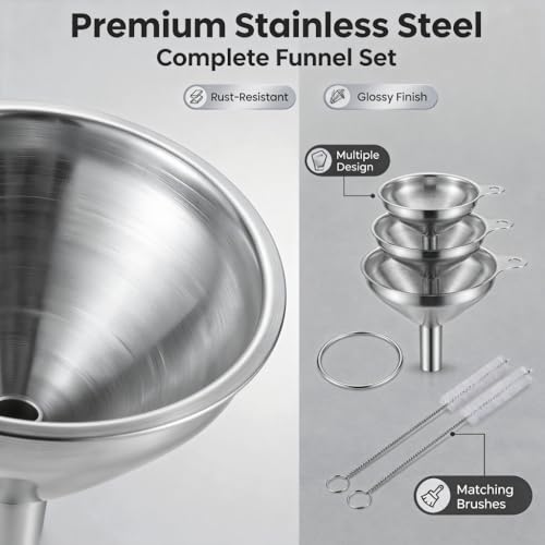 Metal Stainless Steel Funnel, Large Medium Small Funnel Set of 3, Food Grade Mini Funnels for Kitchen Use Filling Bottles Flask Cooking, 2 Brushes