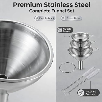 Metal Stainless Steel Funnel, Large Medium Small Funnel Set of 3, Food Grade Mini Funnels for Kitchen Use Filling Bottles Flask Cooking, 2 Brushes