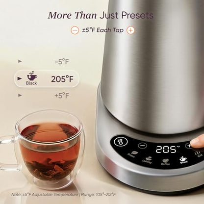 Cosori Stainless Steel Electric Kettle with Temperature Control, 1.7L | No Plastic Contact with Water, 5 Presets, ±5°F Temp Control, 60-Min Keep Warm, Dual Lid Opening, Tea, Coffee & Hot Water