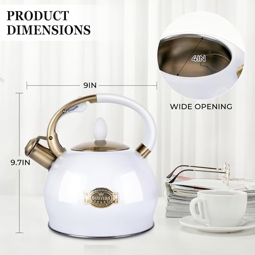 SUSTEAS Stove Top Whistling Tea Kettle - Food Grade Stainless Steel Teakettle Teapot with Cool Touch Ergonomic Handle, With 1 Silicone Pinch Mitt Included, 2.64 Quart(WHITE) - color: White