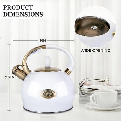 SUSTEAS Stove Top Whistling Tea Kettle - Food Grade Stainless Steel Teakettle Teapot with Cool Touch Ergonomic Handle, With 1 Silicone Pinch Mitt Included, 2.64 Quart(WHITE) - color: White